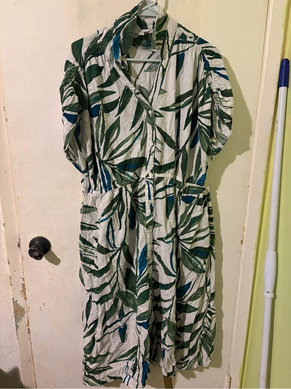 Time and Tru Cream Dress with Green and Teal Leaf Print